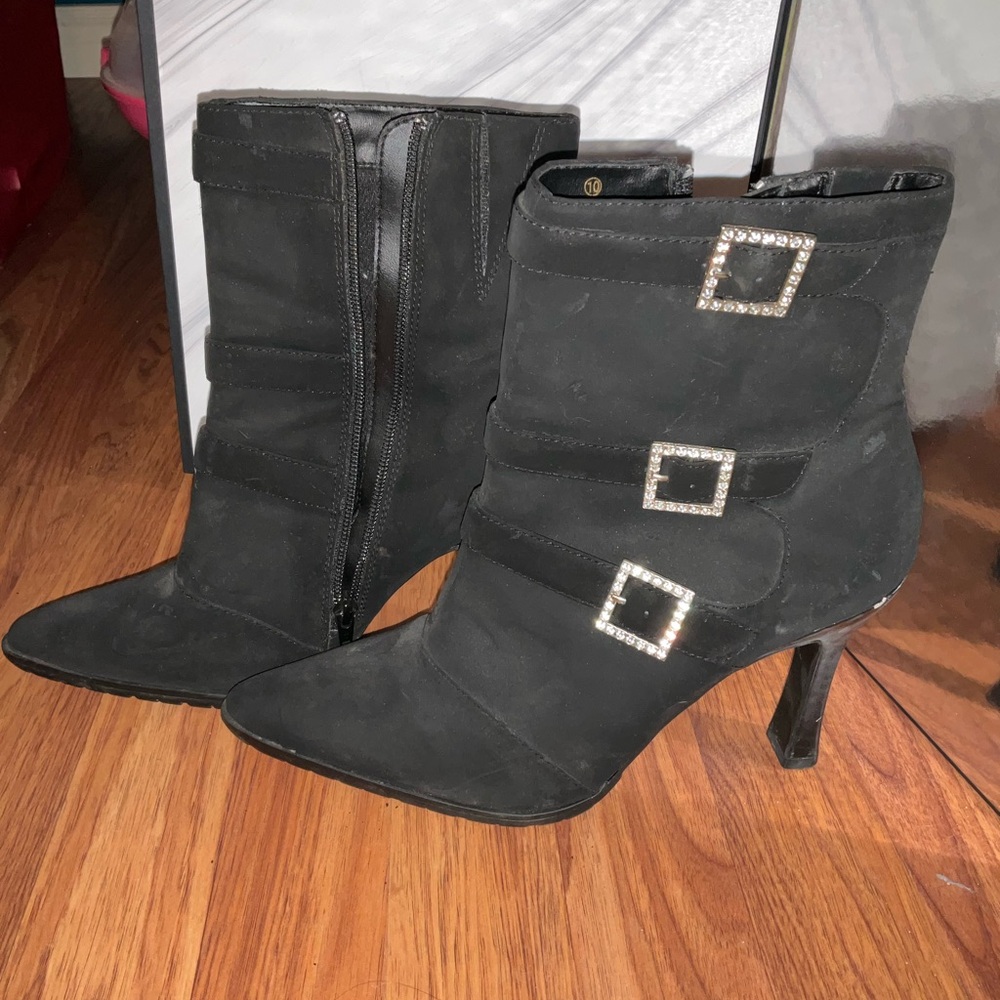 Elegant Black Ankle Boots with Rhinestone Buckles